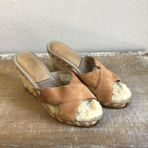 Sheepskin Ugg wedge sandals Sz 6 UGG SN/1689 cream brown cross band boho comfy